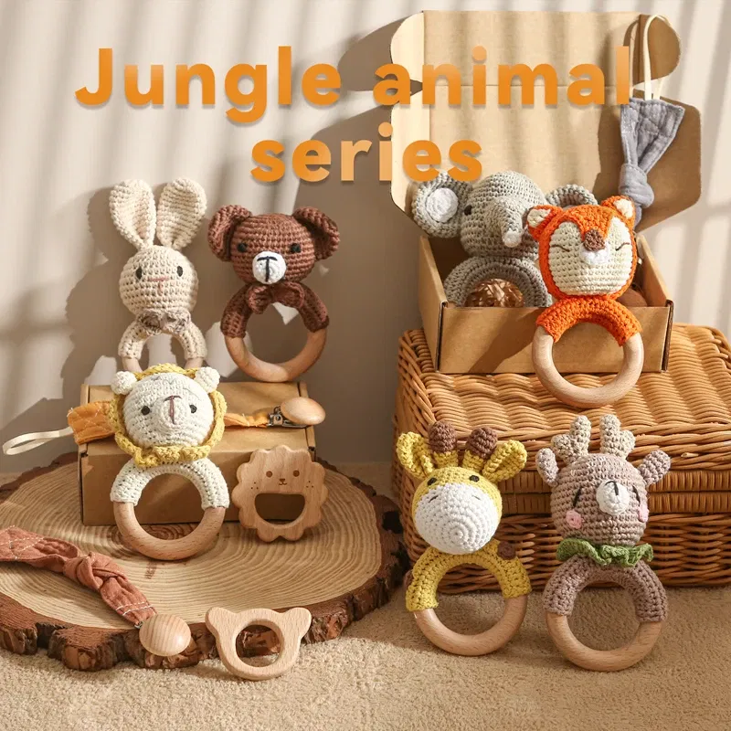 Color: Burgundy - Bopoobo 3PCS/5PCS Crochet Bunny Baby Teether Rattle Animal Beech Wood Teether Pacifier Chain Crochet Rattle For Newborn Baby
