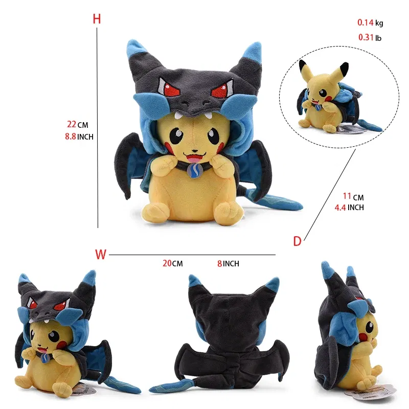 Color: Blue - Cos Eevee Pikachu Cosplay Plush Toys Pikachu Peluche Lucario Stuffed Animal Doll Collectible Gift,Cartoon 20-30CM