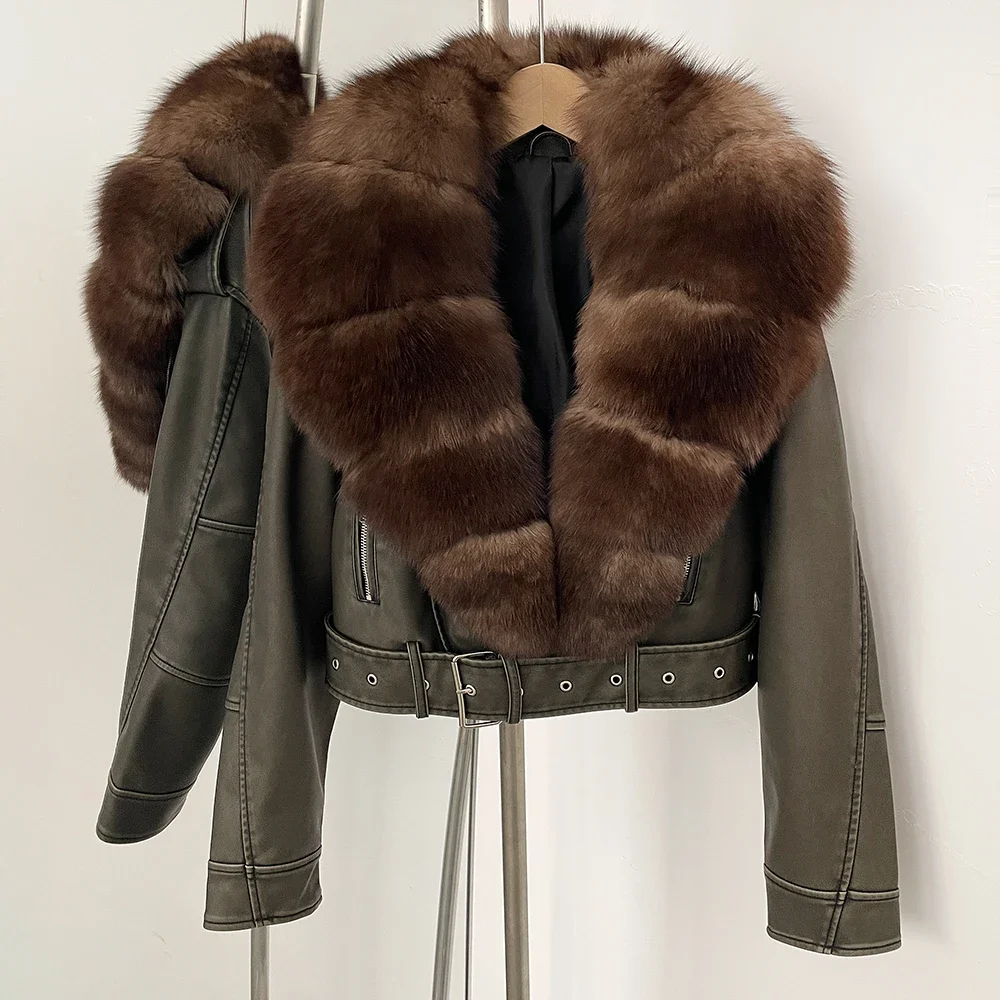 Color: MULTI, Size: XL - Fake Leather Coat New Natural Fox Fur Autumn Short Faux Leather Jacket Female Spring PU Women Long Sleeve Real Fur Coat Thin