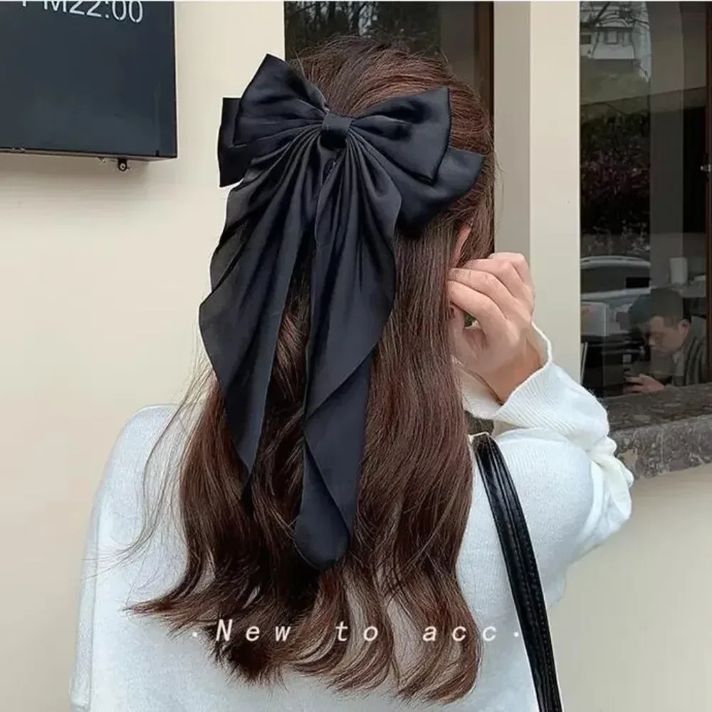 Color: BROWN, Ships From: CHINA - Elegant Large Bow Ribbon Hair Clip for Women Fashion Simple Solid Satin Spring Clip Ponytail Bow Hairpin Girls Hair Accessories
