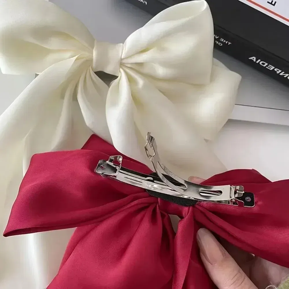 Color: BROWN, Ships From: CHINA - Elegant Large Bow Ribbon Hair Clip for Women Fashion Simple Solid Satin Spring Clip Ponytail Bow Hairpin Girls Hair Accessories