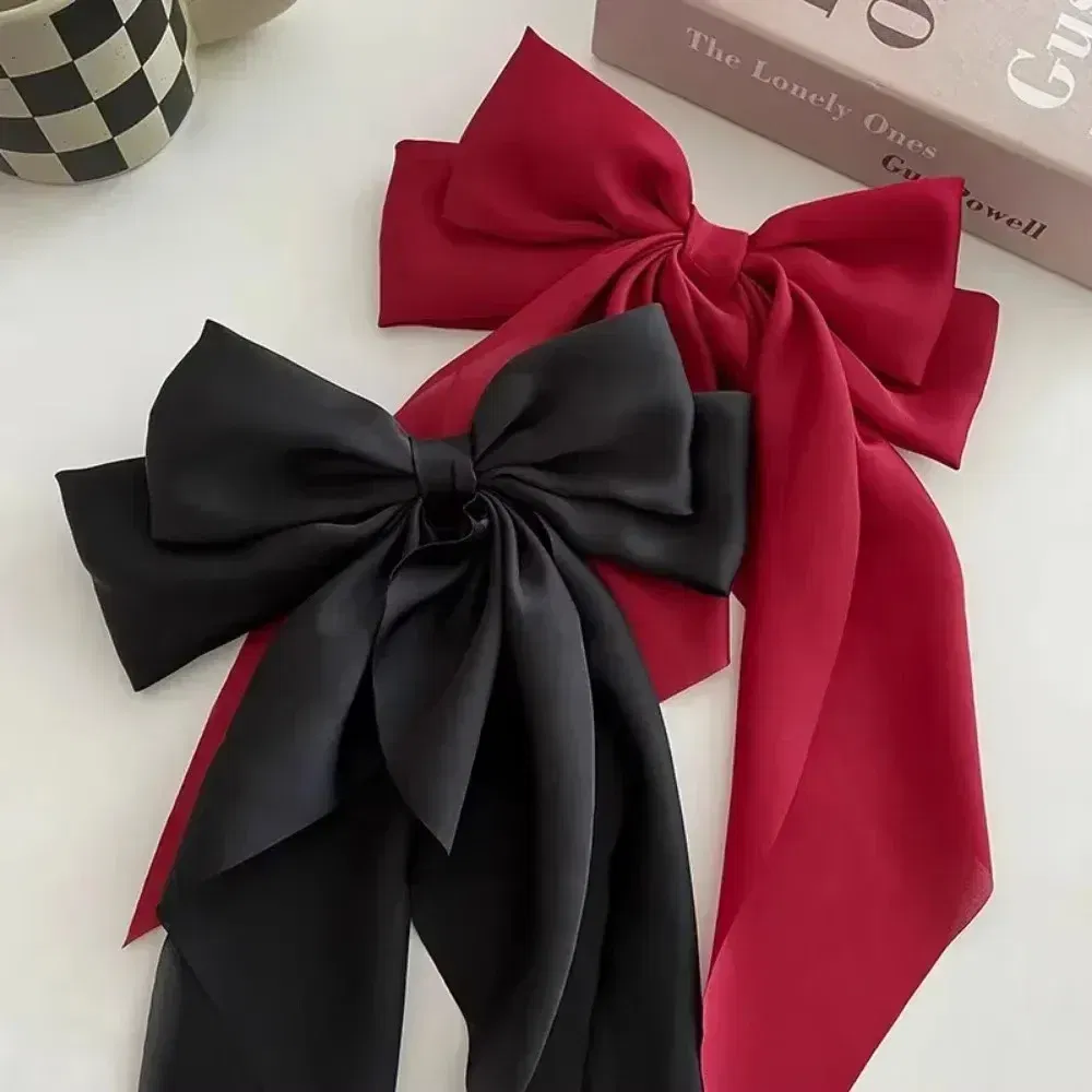 Color: BROWN, Ships From: CHINA - Elegant Large Bow Ribbon Hair Clip for Women Fashion Simple Solid Satin Spring Clip Ponytail Bow Hairpin Girls Hair Accessories