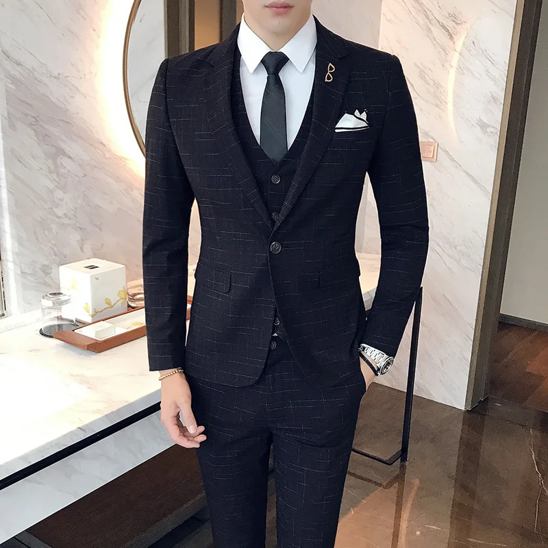 Color: GRAY, Size: XXL - Gray Men Classic Striped/Checked Suits, Business Office 3 Piece, Asian Size Slim Fit Men Dress Jacket & Pants with Vest, S-4XL