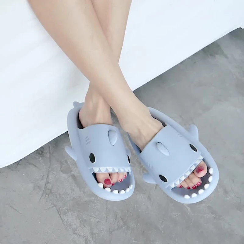 Color: GRAY, Shoe Size: 35 - Shark Slides Women Slippers Men Flip Flops Home Couple Kids Bathroom Flat Shoes Outdoor Beach Funny Sandals Men Slippers