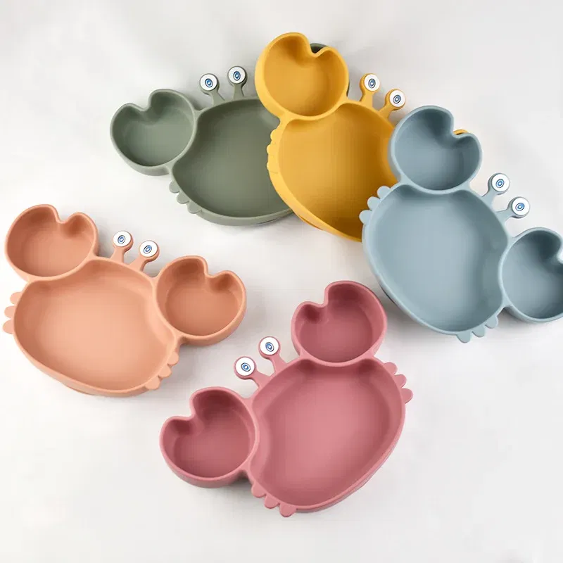 Color: Beige, Ships From: CHINA - Baby Bowls Plates Fork spoon Set Silicone Suction Feeding Food Tableware BPA Free Non-Slip Baby Dishes Crab Food Feeding Bowl