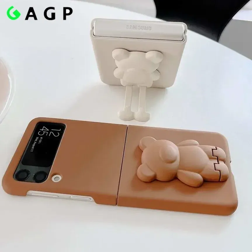 Color: Blue, Material: ABS - 3D Bear Bracket Kickstand Cute Case For Samsung Galaxy Z Flip 5 4 3 Hard Phone Case For Samsung Z Flip 3 4 Flip5 ZFlip4 Cover