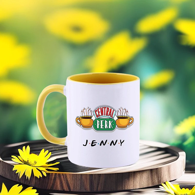 Color: Yellow, Capacity: 301-400ml - Personalized Name Mug Central Perk Design Coffee Mug  Custom Tea Cup Chocolate Milk Beer Mugs Lovers Friends Gifts Dropshipping