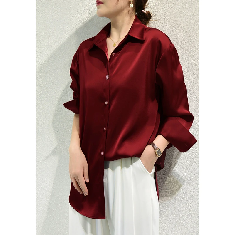 Color: PURPLE, Size: M - All-match Satin Finish Shirts And Blouses Women Clothing Casual Top OL Long Sleeve Button Elegant Shirts French Solid Blouses