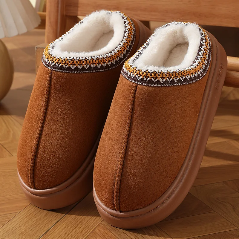 Color: Brown, Shoe Size: 42-43 - Comfort Thick Bottom Cotton Slippers Women 2025 Winter Warm Thick Plush Non Slip Furry Clogs Shoes Embroidery Suede Snow Boots