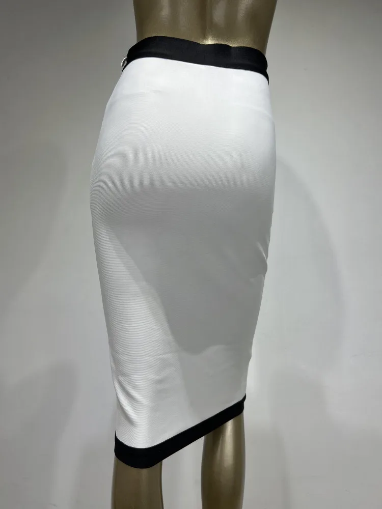 Color: black, Size: XXL - New Arrival Women Button Patchwork White Black Bodycon Bandage Skirt 2024 Designer High Waist Party Club Pencil Skirt 60cm