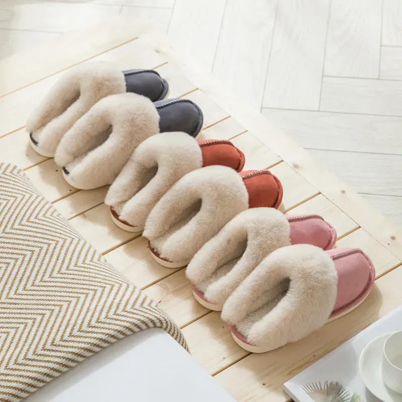 Color: Red, Shoe Size: 40 - Women's Faux Fur Slippers 2024 New Warm Thicked Plush Bedroom Sandals Woman Comfort Soft Sole Home Couple Winter Shoes Slides