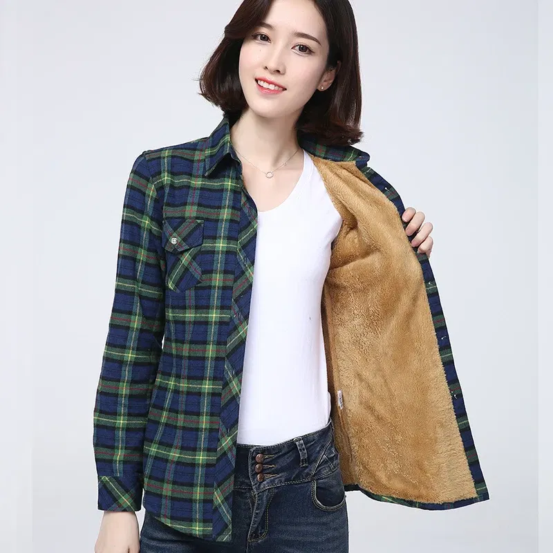 Color: Brown, Size: XL - 2025 Winter New Women's Warm Plaid Shirt Coat Casual Fleece Velvet Plus Thicke Jacket Tops College Style Woman Clothes Outerwear