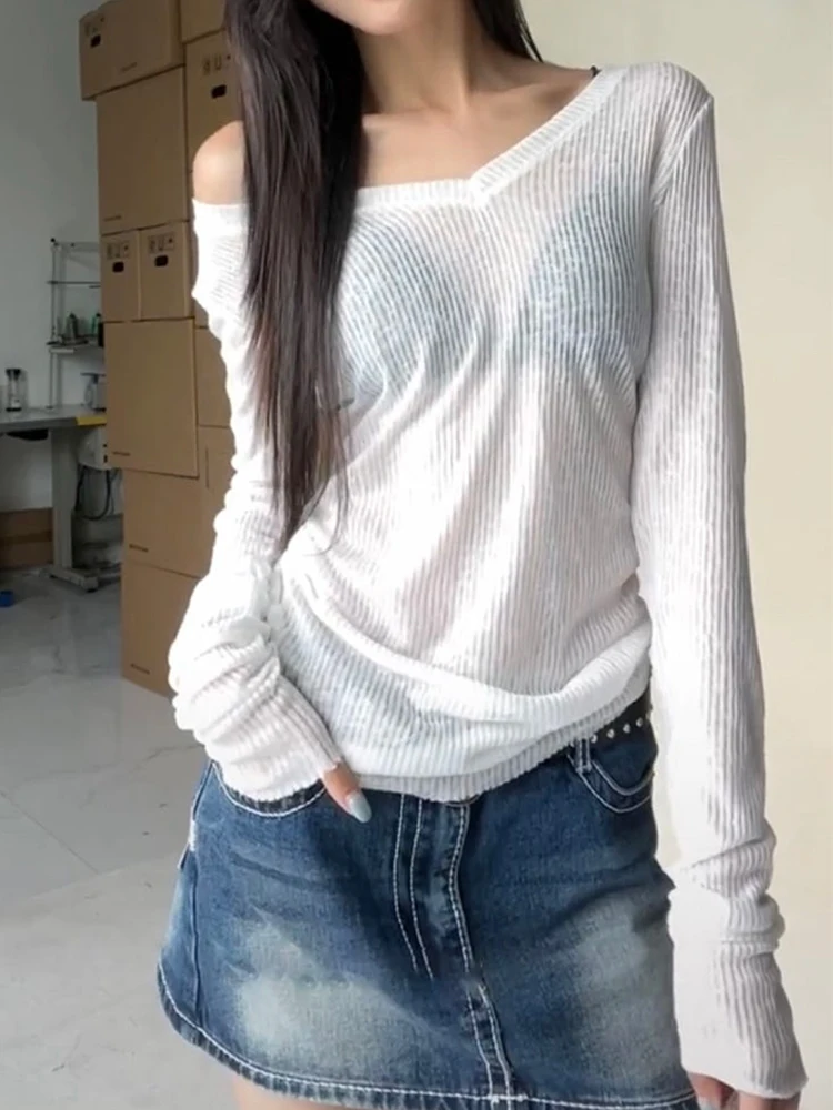 Color: WHITE, Size: S - Women Long Sleeve T Shirt Thin Perspective Summer Solid Slim Casual Shirts Female Pullovers Basic Tee Y2k Clothes Streetwear Top