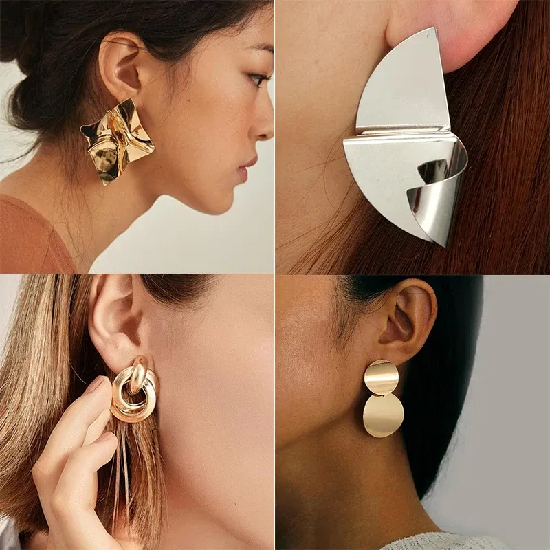 Metal Color: SILVER PLATED - Gold Color Metal Drop Earrings Irregular Hollow Heart Pendants Earrings Twisted Geometric Personality Earrings for Women