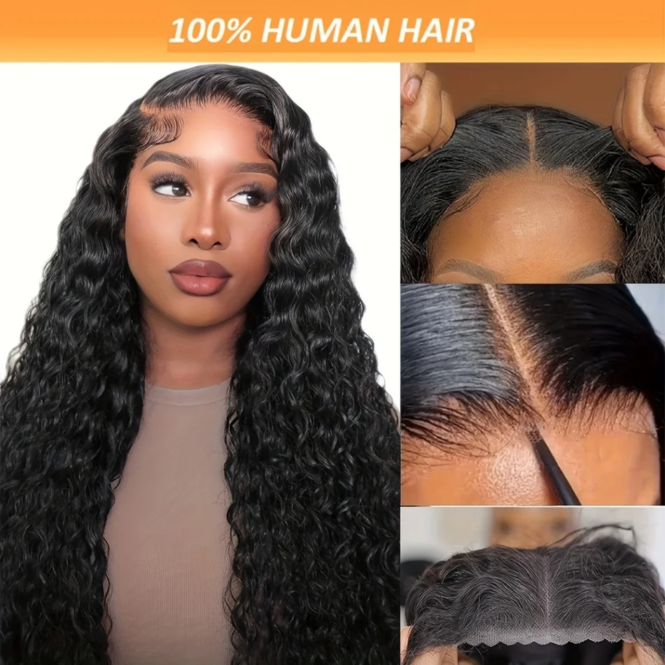Stretched Length: 28inches, Hair Color: #12, Density: 180%, Ships From: CHINA - Glueless Wig Human Hair Ready To Wear Water Wave Lace Front Wig 4x4 5x5 Lace Closure Black Wig Curly HD Lace Frontal Human Hair