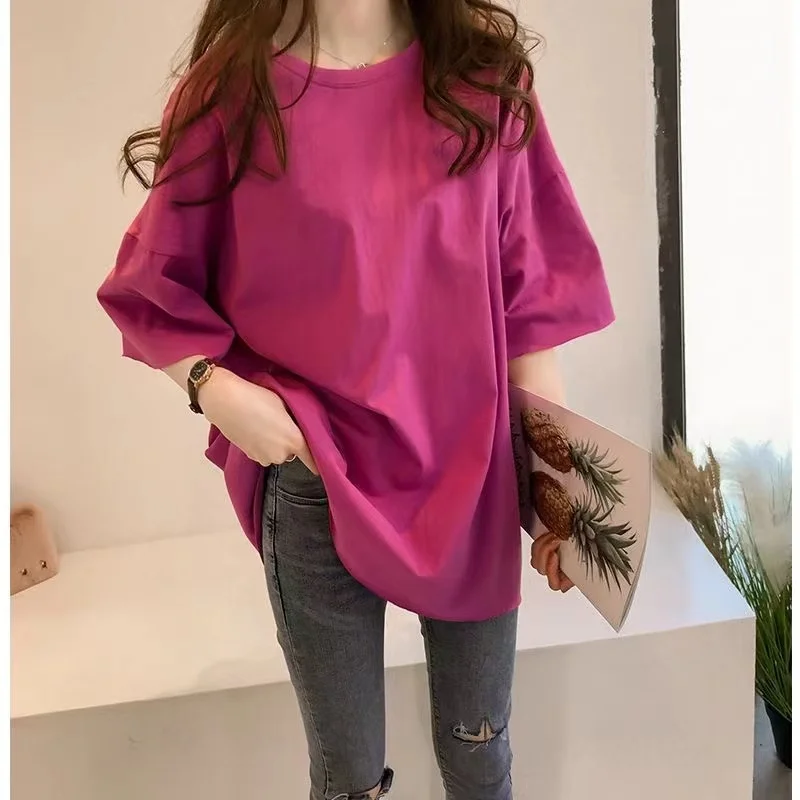 Color: PURPLE, Size: XL - Women's T solid color mid sleeved casual trend personality
