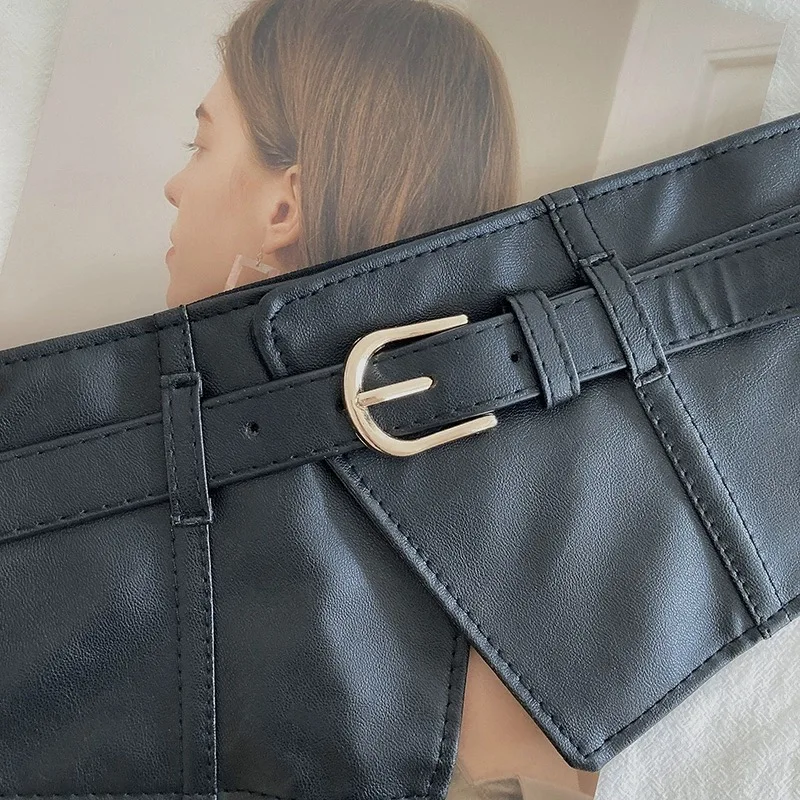 Color: Coffee - Belt women fashion with dress overcoat design elastic elastic elastic belt black niche with wide version of the belt