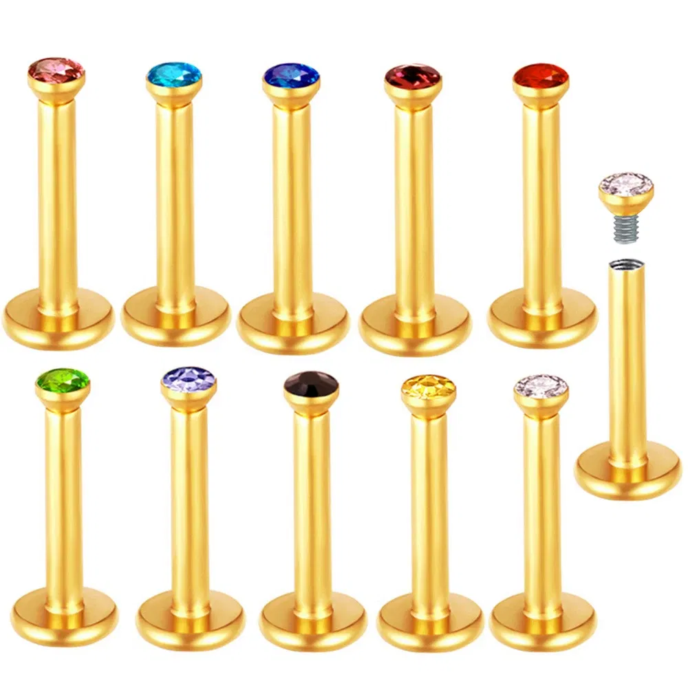 Metal color: Antique Bronze Plated - 2X 16g 1.2mm Crystal Steel -Gold- Labret Ring Bar Ear Cartilage Tragus Monroe Lip Nose Stud Internally Threaded Piercing