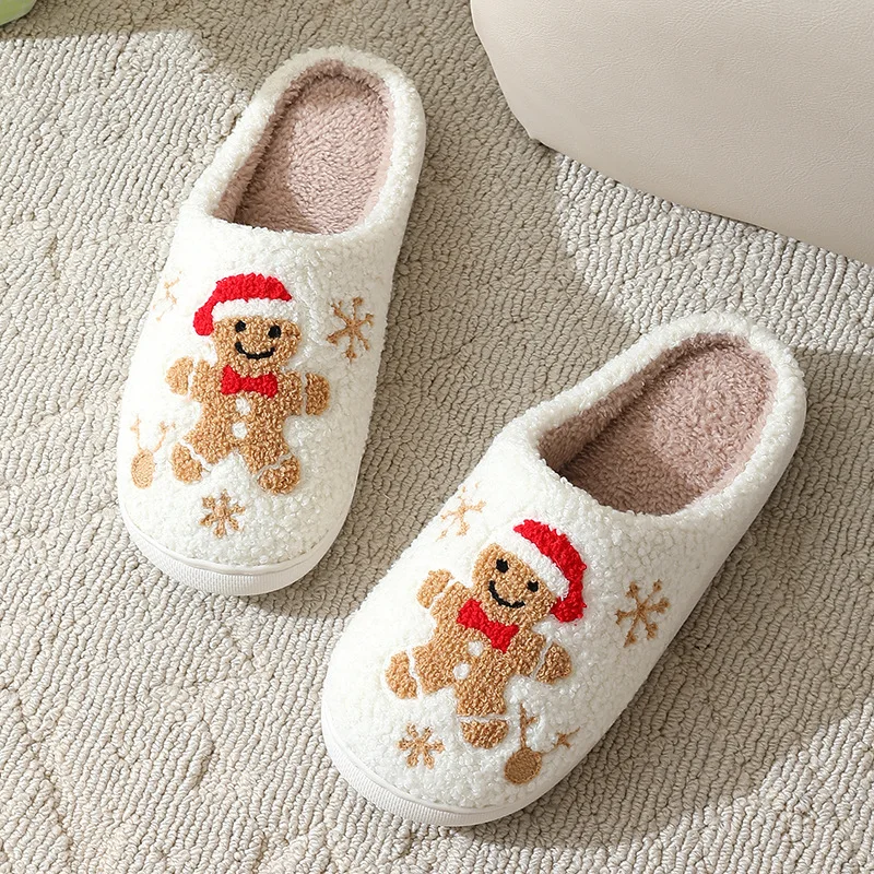 Shoe Size: 38-39, Color: Straw - Cute Gingerbread Winter Warm Christmas Women Slippers Slides Couple Houseshoes Men Bedroom Flat Soft Sole Home Shoes for Gift