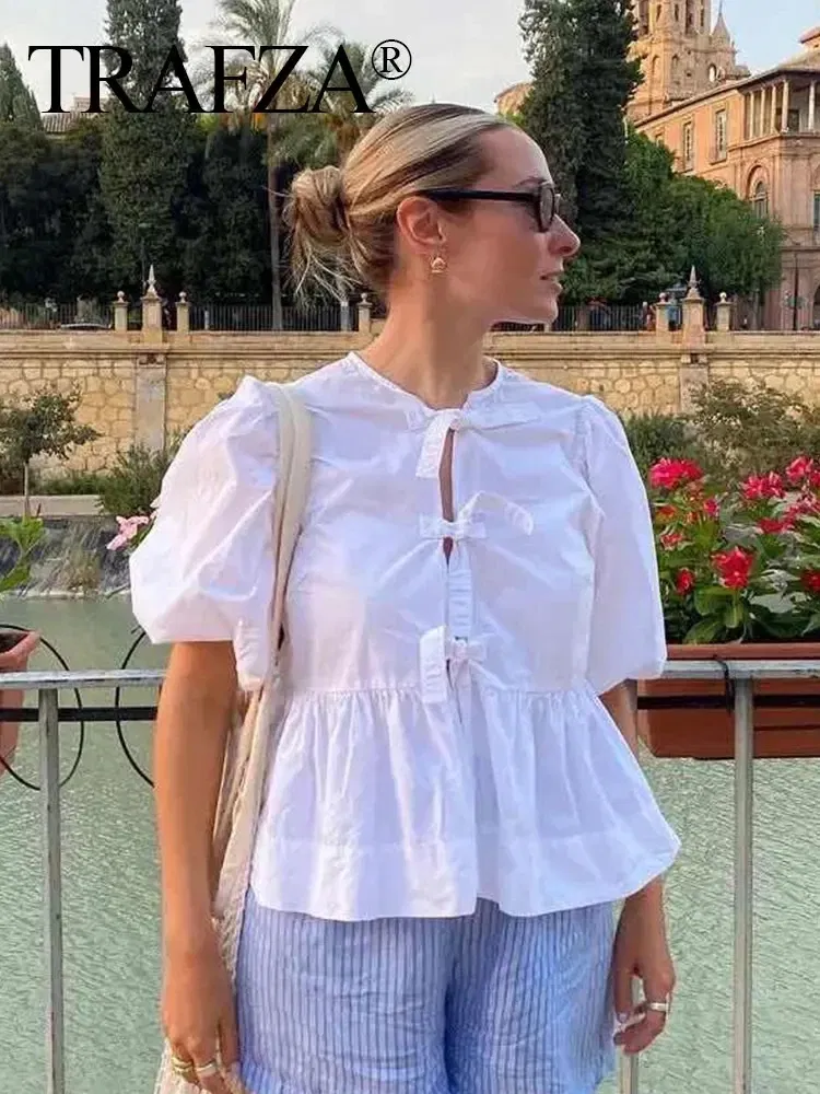 Color: black, Size: L - TRAFZA Fashion Solid Hollow Out Shirt Women Causal O Neck Short Sleeved Lace Up Tops Chic Female Casual Blouse Streetwear 2024