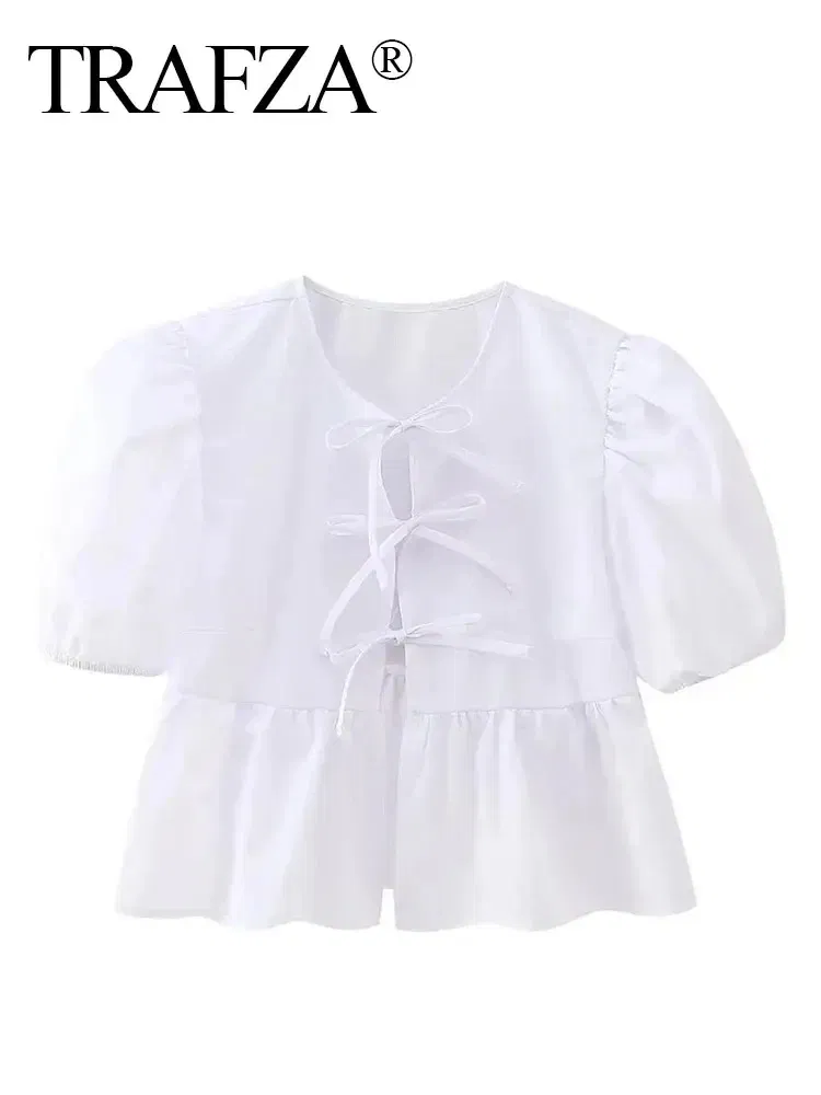 Color: black, Size: L - TRAFZA Fashion Solid Hollow Out Shirt Women Causal O Neck Short Sleeved Lace Up Tops Chic Female Casual Blouse Streetwear 2024