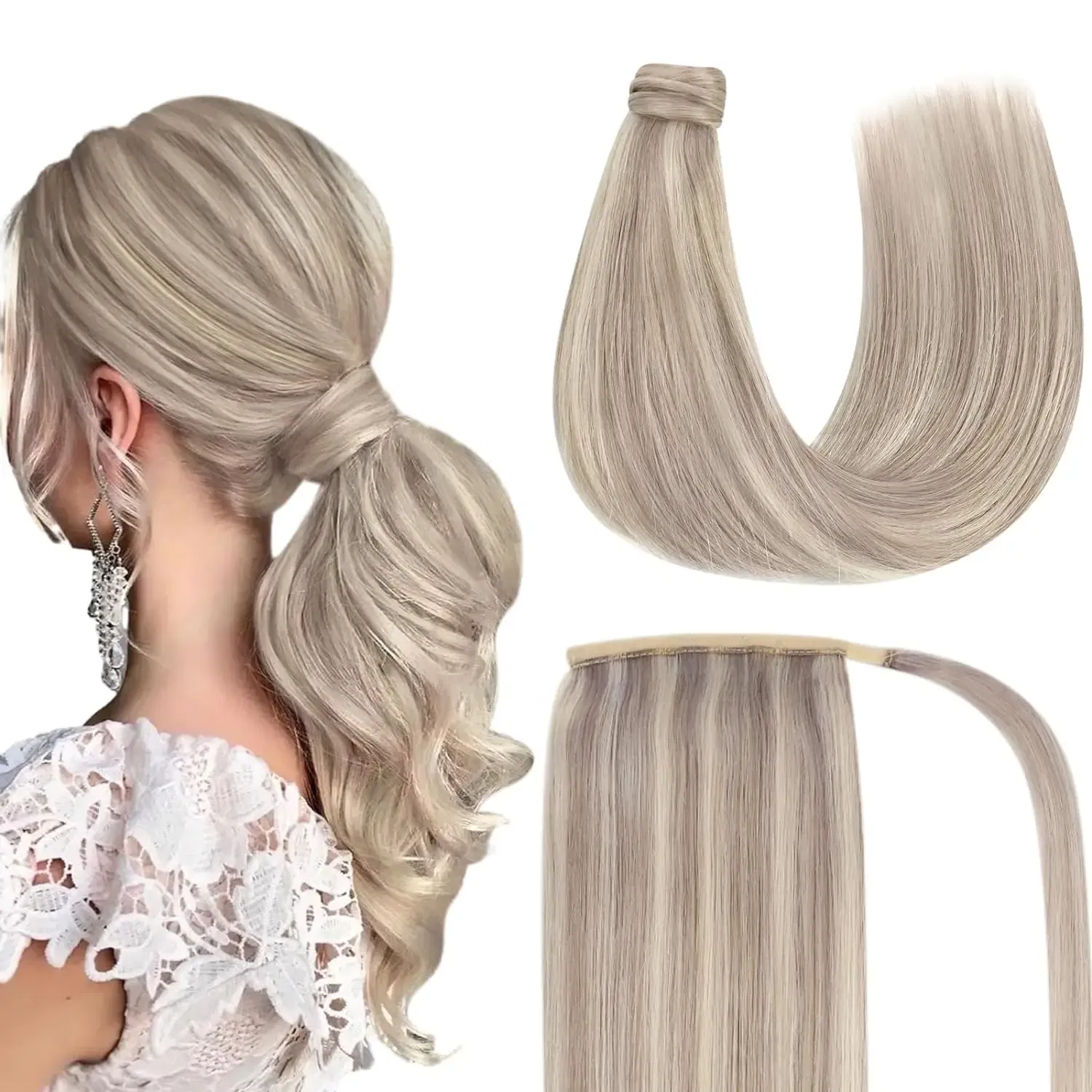 Color: T1B/Red, Life Span: 6 Months With Proper Care, Stretched Length: 20inches - VeSunny Human Hair Ponytail Light Blonde Mix Golden Blonde Real Hair Ponytail Extension Highlights Blonde Ponytail Hair 80g