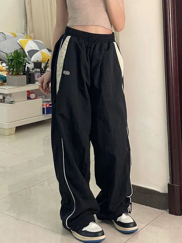 Color: Brown, Size: M - Women Spring Retro Solid Loose Drawstring Trousers Casual Joggers Baggy Wide Leg Sweatpants Mid Waist Sporty Y2k Female Clothes