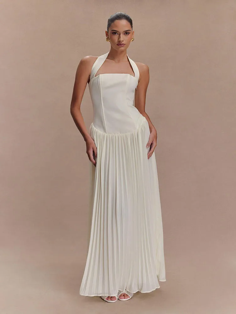 Color: WHITE, Size: L, Ships From: CHINA - 2025 Summer Women Off Shoulder Backless Maxi Dress Sexy Halter Neck Slim Waist Ruffle Hem Long Dress
