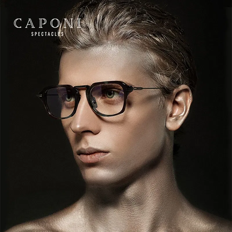 Frame Color: black - CAPONI Fashion Gentlemen's Glasses Frame Pure Titanium Acetate Retro Anti Blue Light Eyeglasses German Designer Spectacles JF413