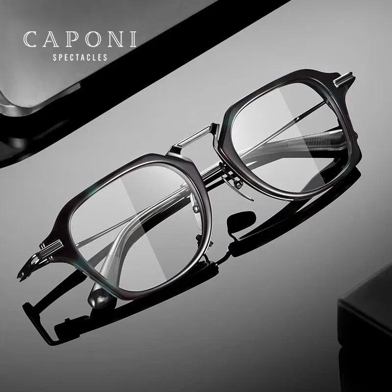 Frame Color: black - CAPONI Fashion Gentlemen's Glasses Frame Pure Titanium Acetate Retro Anti Blue Light Eyeglasses German Designer Spectacles JF413
