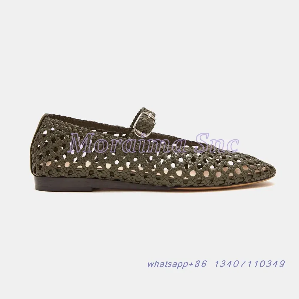 Color: army green, Shoe Size: 36 - Hollow Woven Leather Ballet Shoes Flat With Round Toe Ankle Buckle Strap Fashion Shallow Women Shoes Mary Janes Summer New 2025
