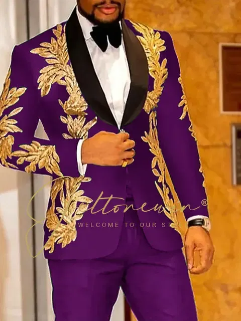 Color: PURPLE, Size: XXL - Luxury Groom Wedding Tuxedos Gold Sequins Appliques Black Men Suits Slim Fit Costume Homme Marriage Prom Suits