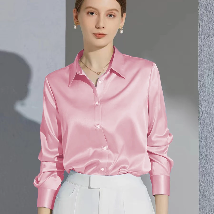 Color: Khaki, Size: L - All-match Satin Finish Shirts And Blouses Women Clothing Casual Top OL Long Sleeve Button Elegant Shirts French Solid Blouses