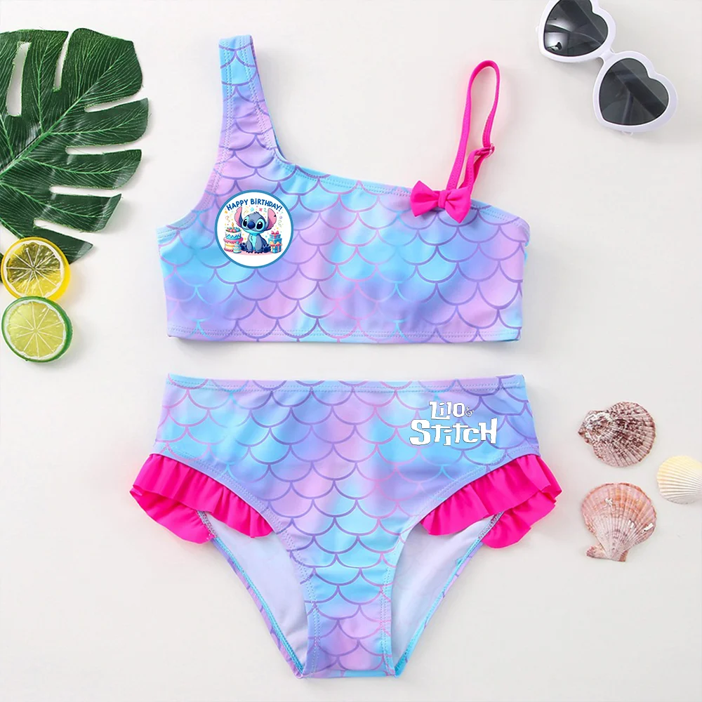 Color: Khaki, Size: M - Lilo Stitch Girls Swimsuit One-Piece Bathing Suits Kids Wear Fashion Mermaid Fish Children's Dresses Summer Swimwear Beach Suit