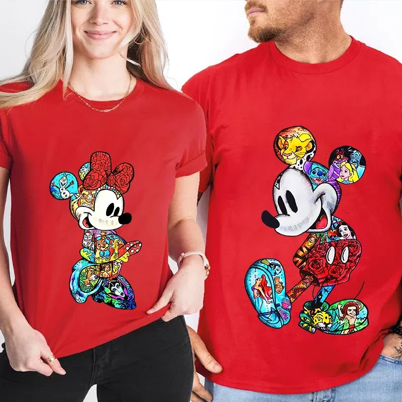 Color: Gold, Size: L - Disney Couples Mickey Mouse Minnie Print T-shirt Couples Men's and Women's Cotton Short Sleeve Casual Tops