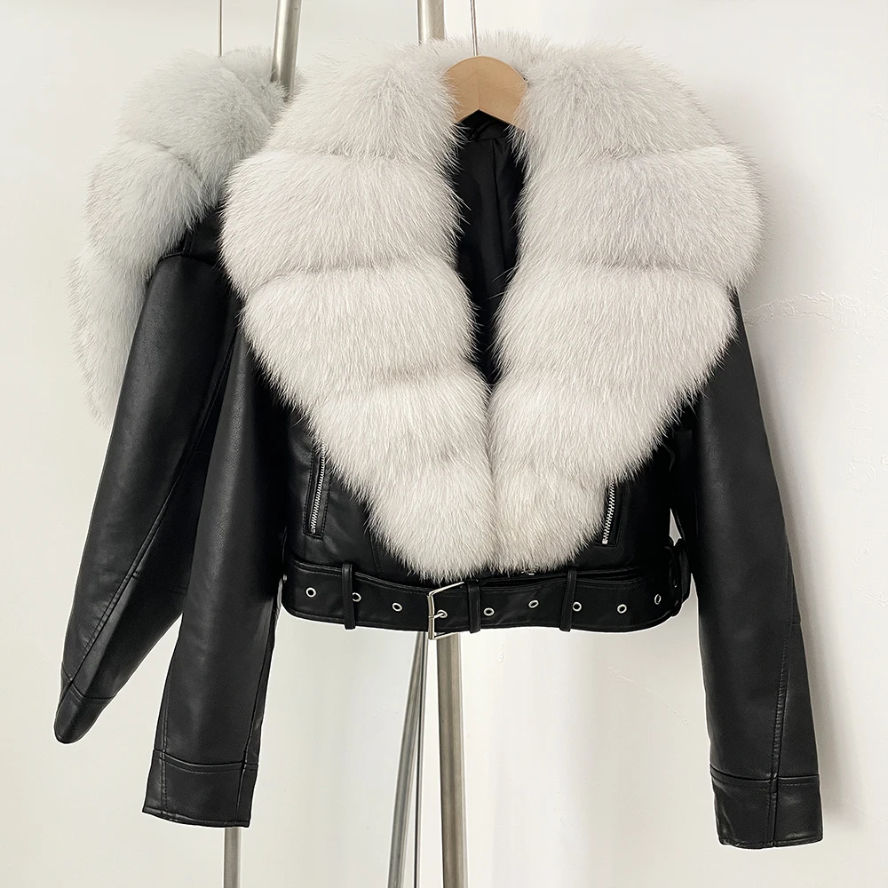 Color: Blue, Size: L - Fake Leather Coat New Natural Fox Fur Autumn Short Faux Leather Jacket Female Spring PU Women Long Sleeve Real Fur Coat Thin