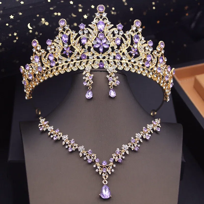 Metal color: Gold-color - Royal Queen Tiaras Bridal Jewelry Sets Evening Crown Choker Necklace Sets Wedding Dress Jewelry Prom Costume Accessory Bride
