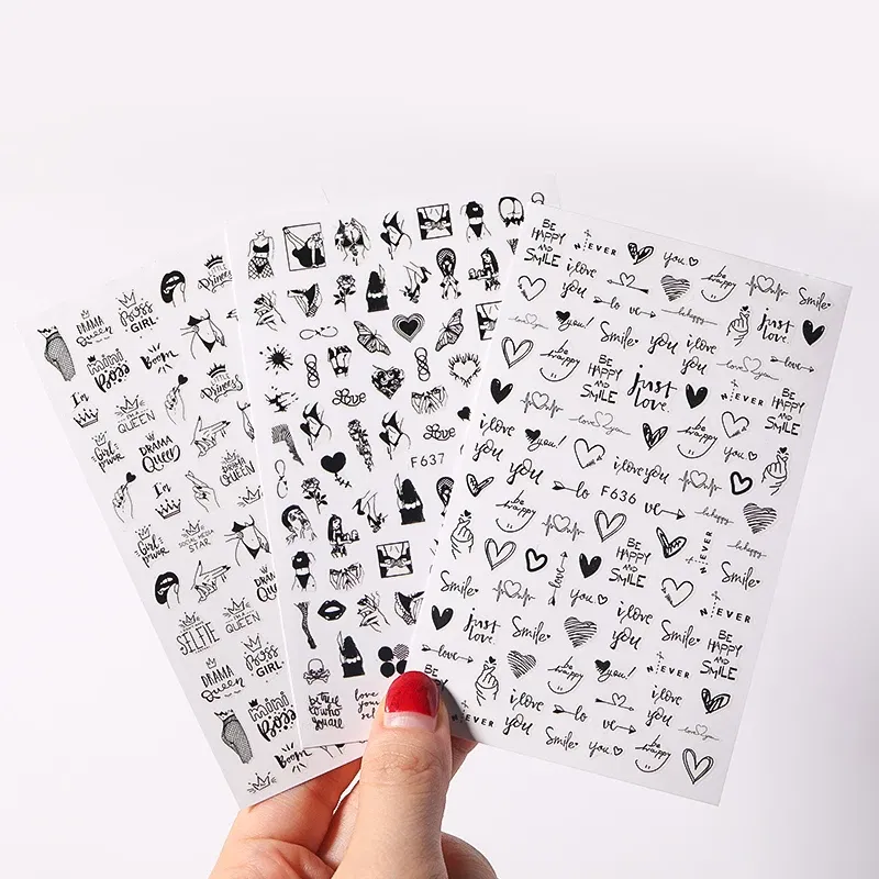 Color: Sky Blue - Heart Leaf Design 3D Nail Sticker Black White Transfer Stickers for Nails Sexy Girl Face Self-adhensive Slider Tip Abstract Wrap