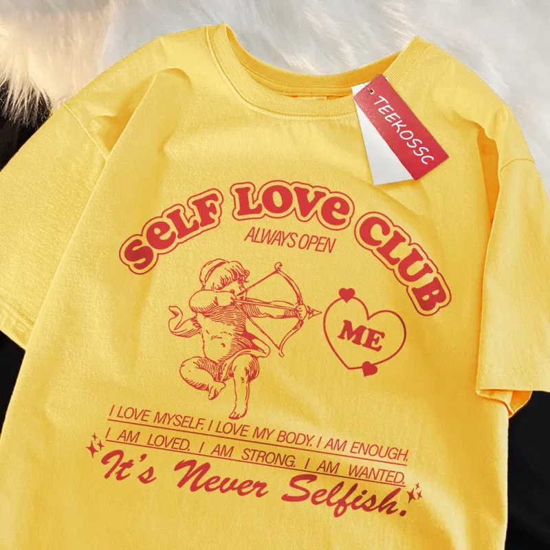 Color: black, Size: S - Self Love Club Fun Cupid Men Women T Shirts Breathable Street Tee Clothes Cotton Summer Fashion Loose Casual Oversized T Shirt
