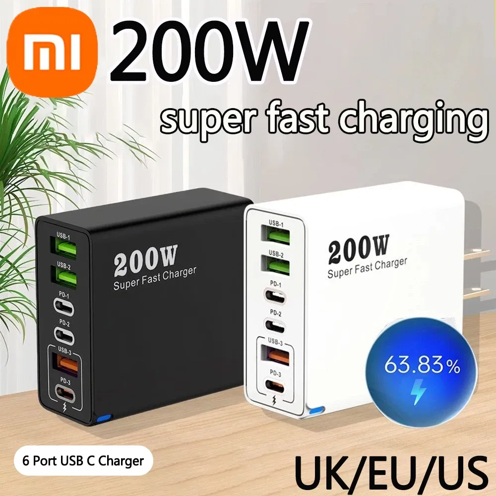 Plug Type: DE - Xiaomi 200W Super Fast Charging 6 Port USB C Charger PD3.0 USB C Type C Mobile Phone Charger For iPhone 16 Samsung Xiaomi ipad