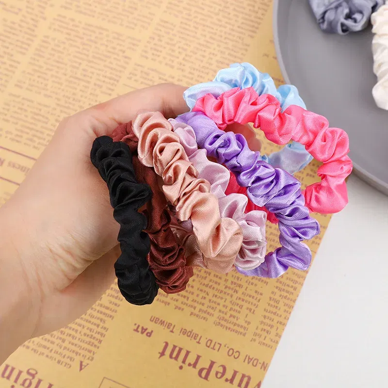 Color: Yellow - 10pcs/pack Women Colorful Satin Silk Scrunchies Elastic Hair Bands Solid Color Dot Hair Ties Ponytail Holder Hair Accessories