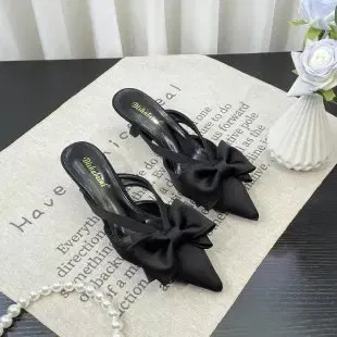 Color: Beige, Shoe Size: 36 - Fairy Style Pink Cool Slippers for Women's Summer 2024 French Pointed Bow Hollow High Heels, Half Wrapped Women's Slippers