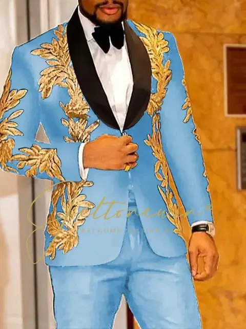 Color: SKY BLUE, Size: XL - Luxury Groom Wedding Tuxedos Gold Sequins Appliques Black Men Suits Slim Fit Costume Homme Marriage Prom Suits