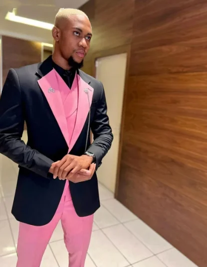 Color: Beige, Size: M - Black Pink Men Suits Wedding Prom Party Suit Single Breasted Blazer Sets Costume Homme trajes de vestir para hombre 3 Pieces