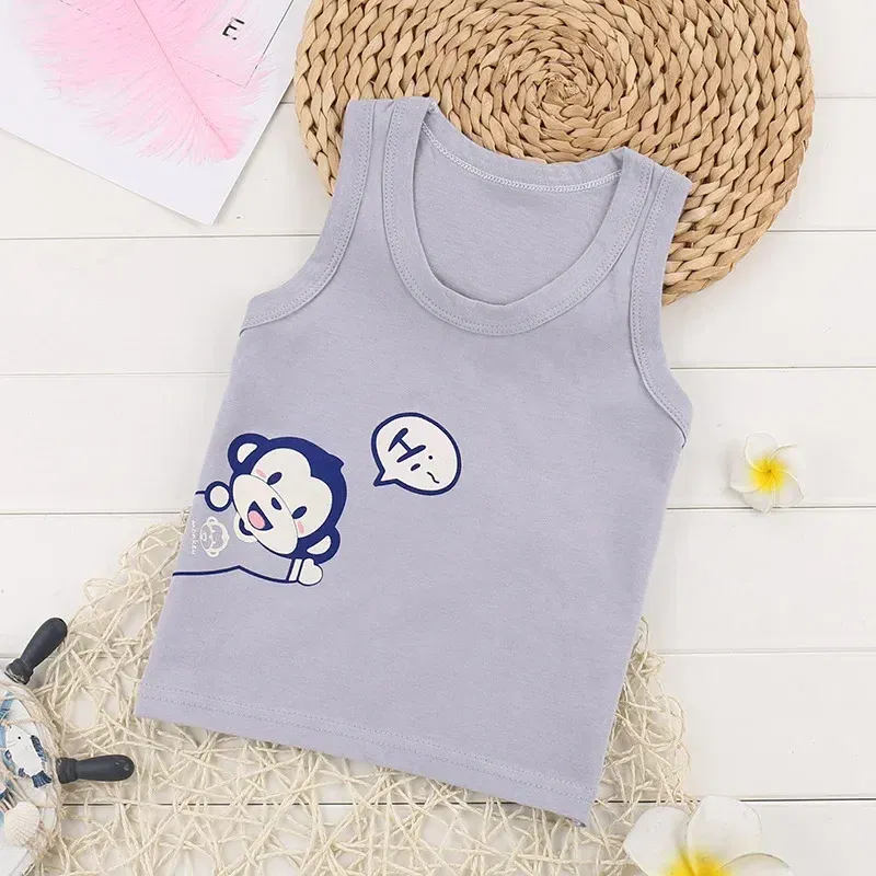 Color: GRAY, Kid Size: 9 - Summer Kids Tops Clothes Tank Sleeveless Breathable Cotton Children T-shirt Vest Top Clothing Outfit Cartoon Boys Girls 0-7Years