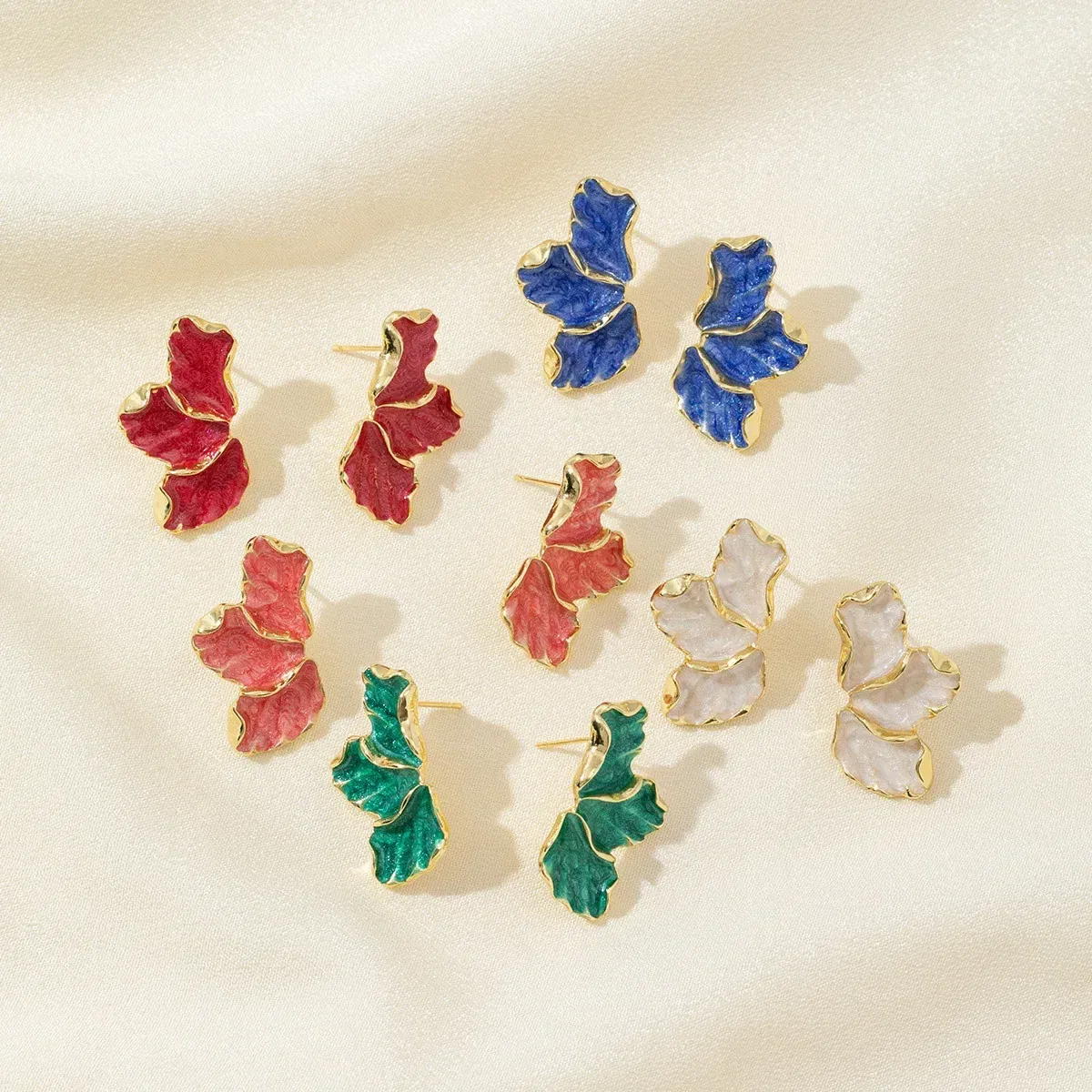 Metal Color: Rhodium Plated - Metal Flower Cream Stud Earrings for Women Fashion Gold Color Plating Irregular Post Earrings Heavy Design Statement Earring