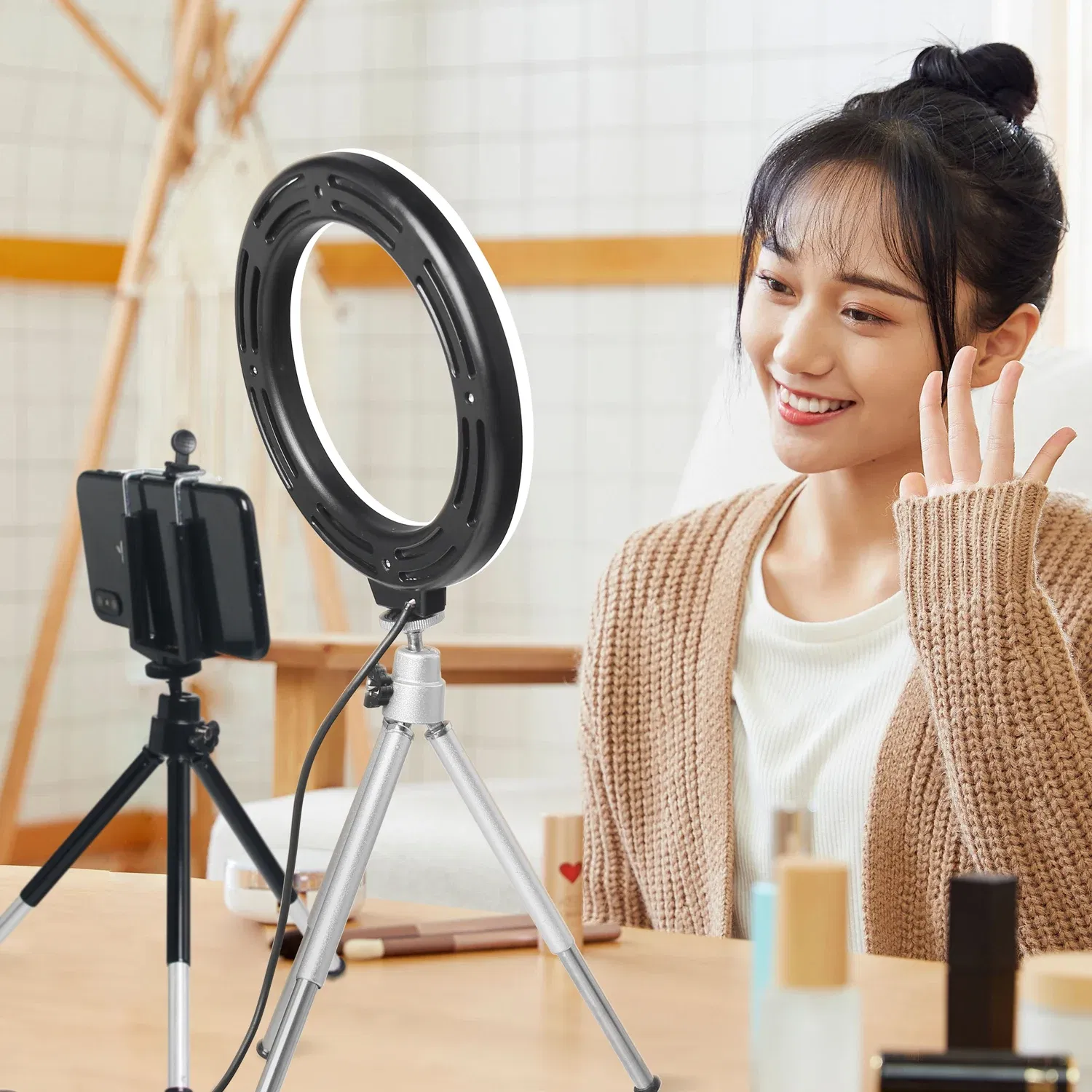 Color: Navy Blue, Ships From: CHINA - 6inch Mini LED Desktop Video Ring Light Selfie Lamp With Tripod Stand USB Plug Table Lamp For Make TikTok Youtube Makeup Video