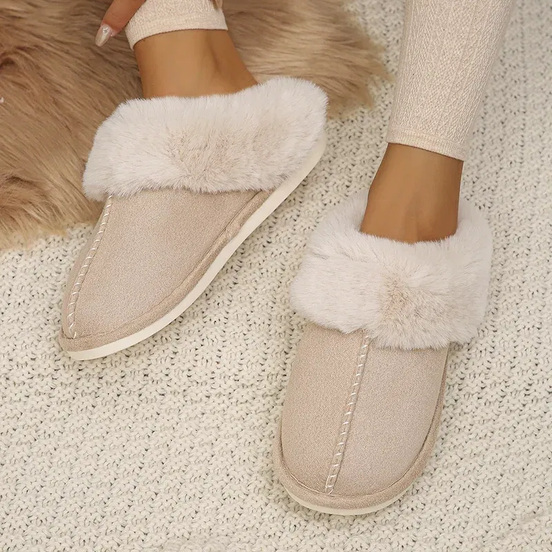 Color: Beige, Shoe Size: 38 - Closed Toe Warm Cotton Slippers Women Faux Fur Thicken Plush Winter Home Shoes Woman Lightweight Casual Indoor Slides Female