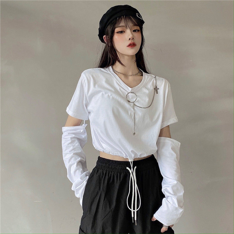 Color: WHITE, Size: XXL - Solid T-shirts Women Removable Sleeve Sequined Chain Japanese Style Harajuku Trendy Goth Y2k Female Crop Top Hot Sale Popular