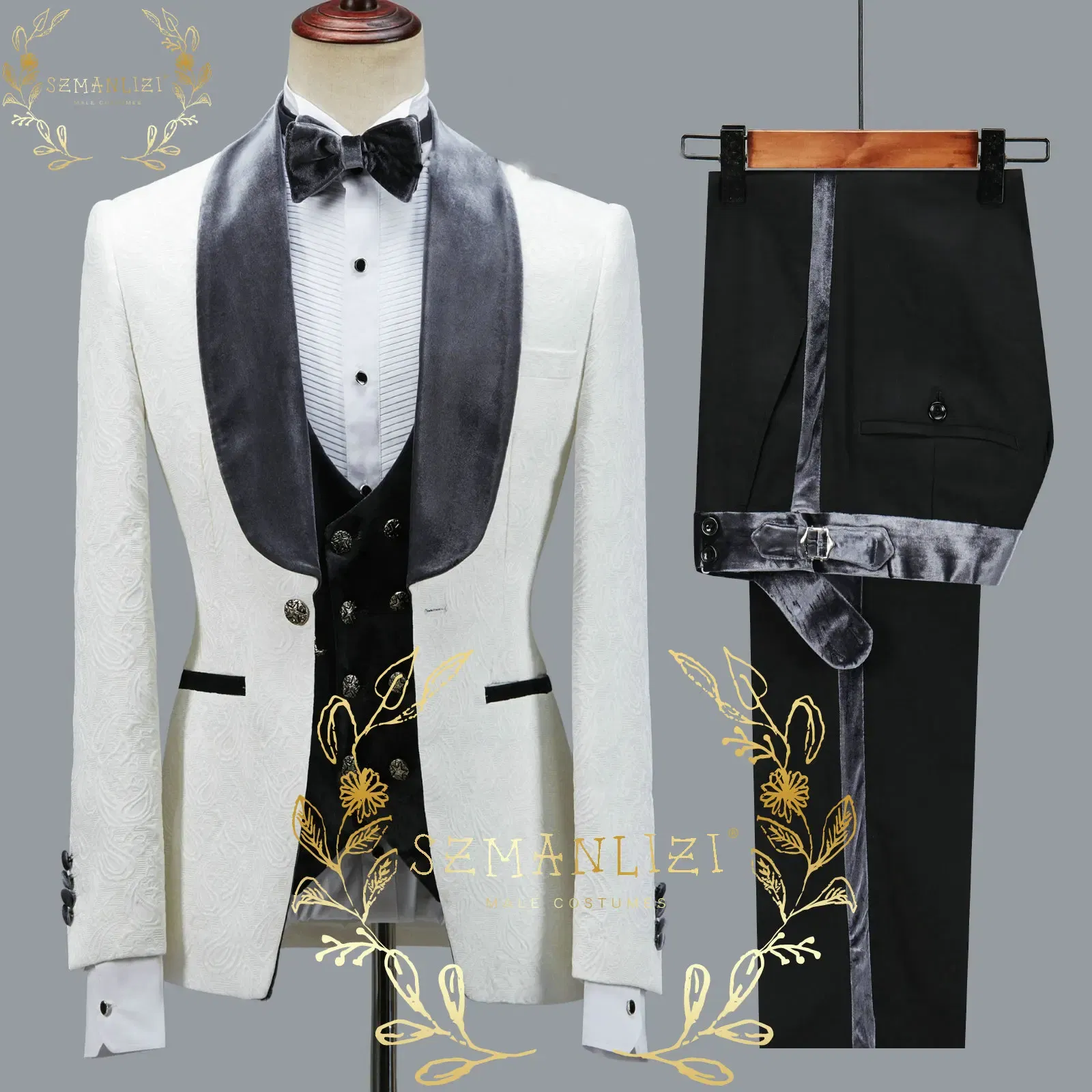 Color: Brown, Size: XS - SZMANLIZI 2022 Latest Designs Black Floral Party Blazer Men Suits Costume Homme Groom Tuxedos Wedding Terno Masculino 3 Pieces